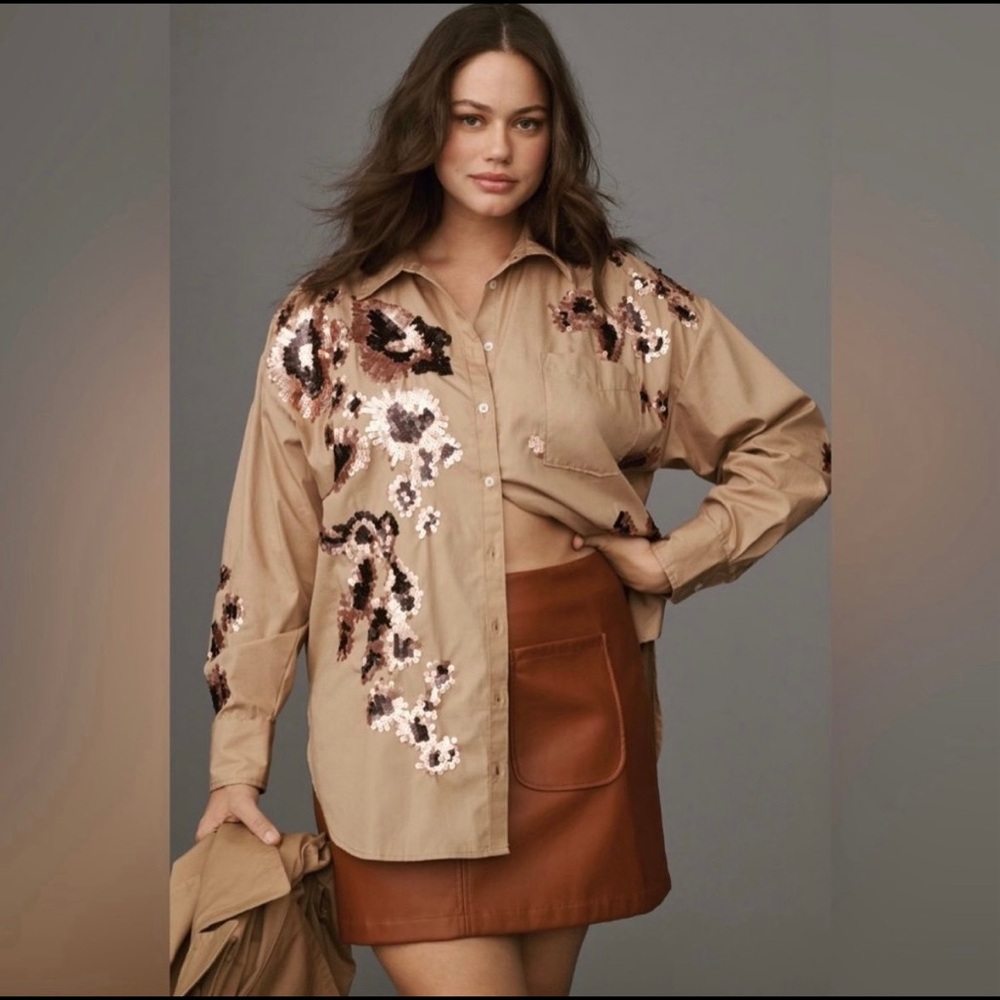 Anthropologie Maeve Bennet Sequin Button-Up Shirt - Picture 1 of 11